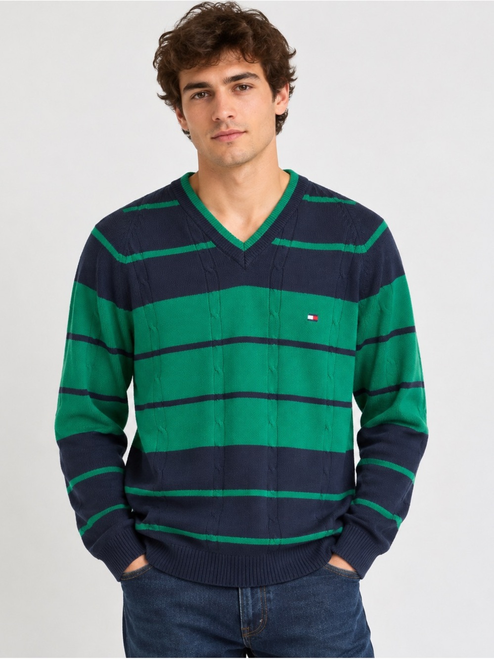 Tommy Hilfiger Men’s V-Neck Striped Cotton Sweater - Green & Navy